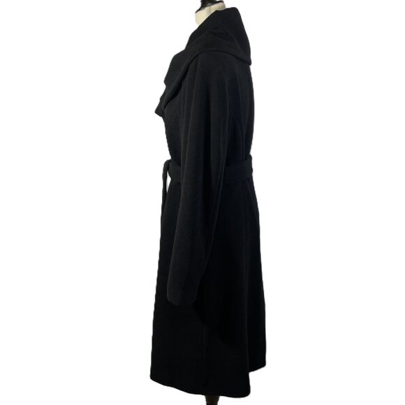 Calvin Klein Wool Blend Belted Tailored Black Coat Collared Knee Length Size 12 - Picture 2 of 16
